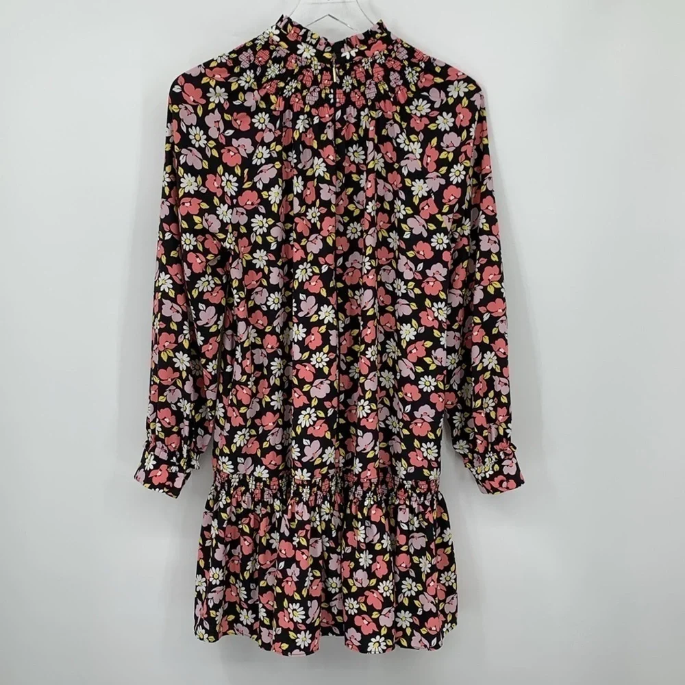 Kate Spade Road Trip floral shift dress smocked long sleeve ruffle black pink XS